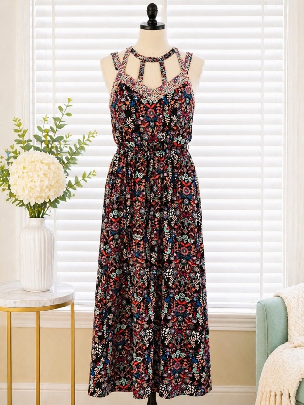 XHILARATION Black Floral Maxi Dress with Strappy Neck